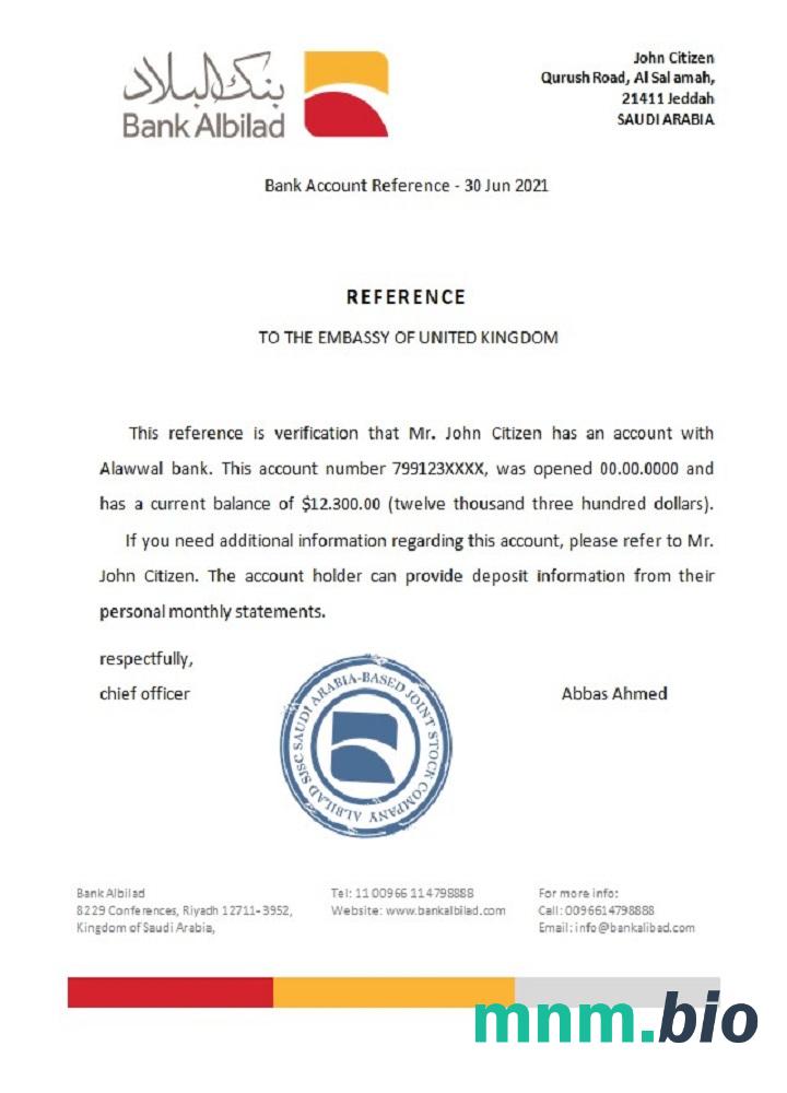 Arabia Saudyjska Albilad Bank przykład odniesienia w formatach Word i PDF